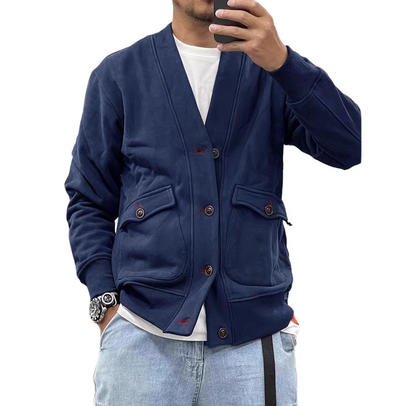 Men's Casual Fleece V-neck Single-breasted Large Pocket Loose Jacket 9261092602040
