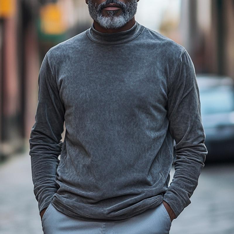 Men's Turtleneck Suede Long Sleeve T-Shirt 9877645033656