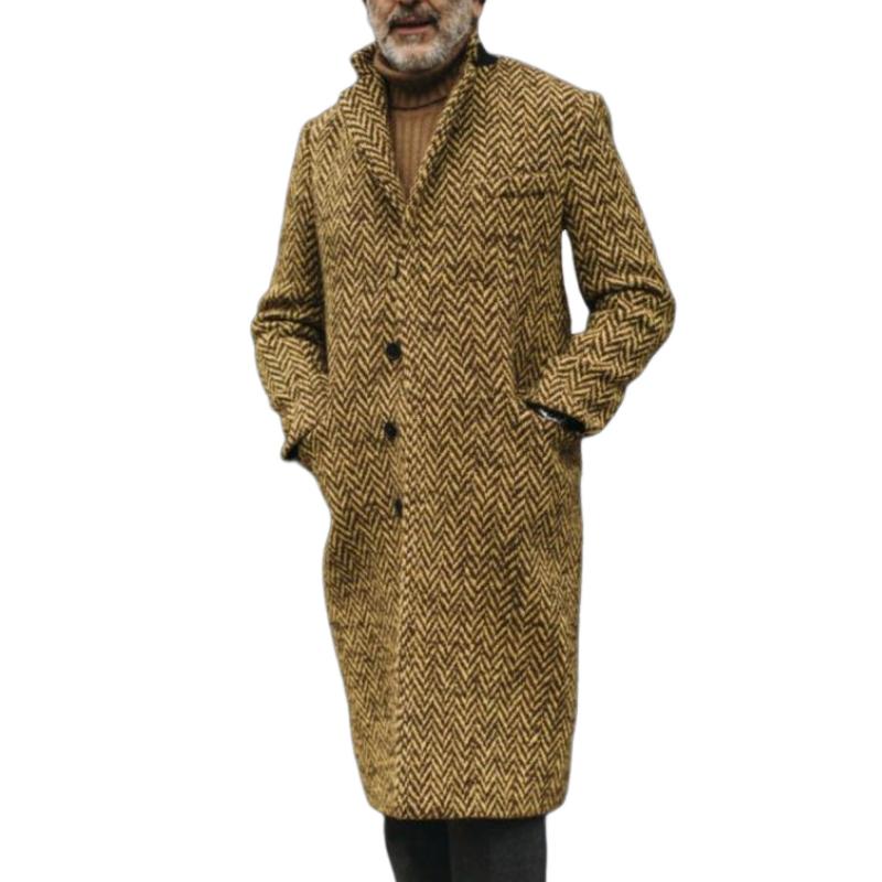 Men's Vintage Herringbone Lapel Single Breasted Long Coat 9261108527288