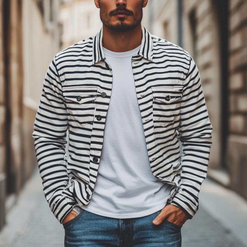 Men's Fashion Striped Lapel Long Sleeve Cargo Shirt 9260833865912