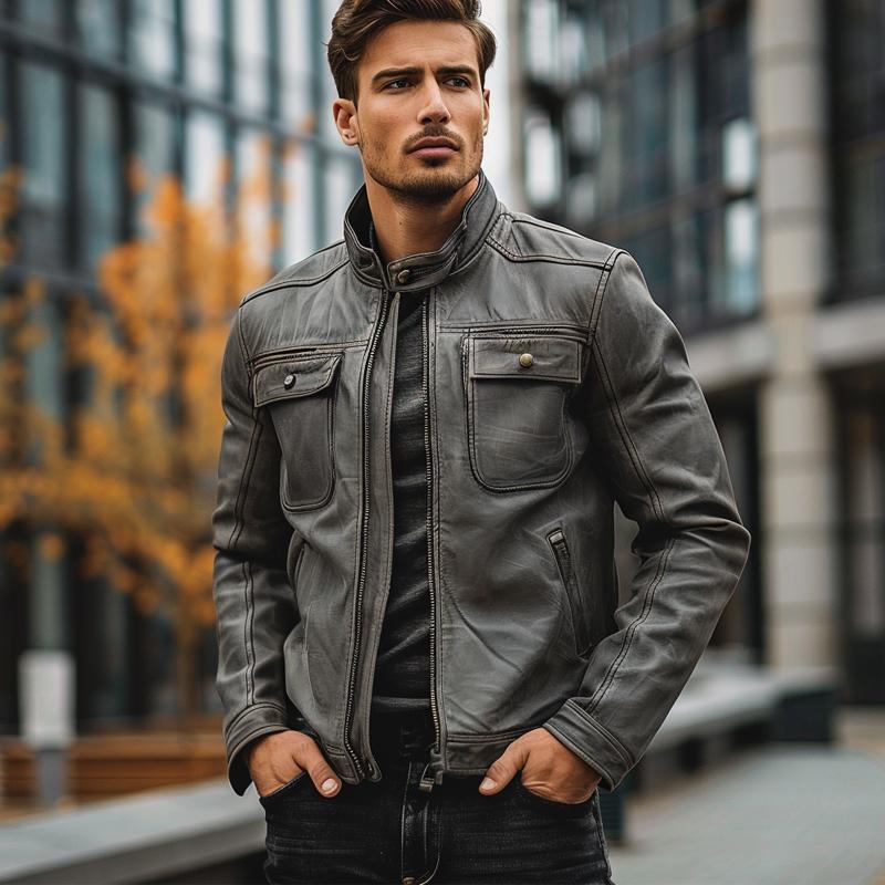 Men's Stand Collar Zipper Leather Jacket 9274167656632