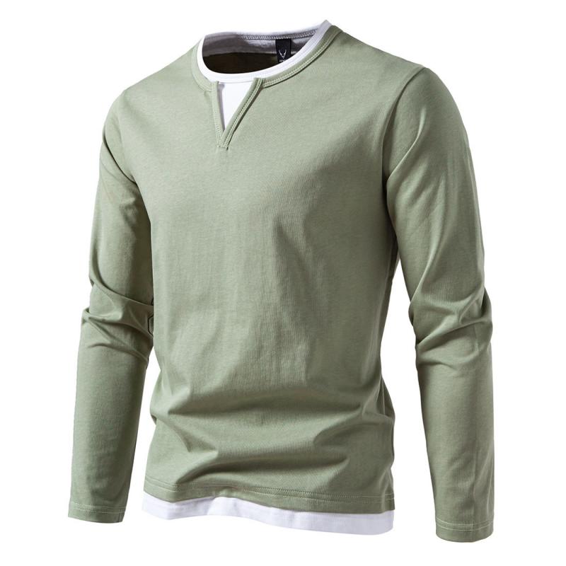 Men's Casual Color Matching Fake Two-Piece Double-Layer V-Neck Long-Sleeved T-Shirt 9268189003960