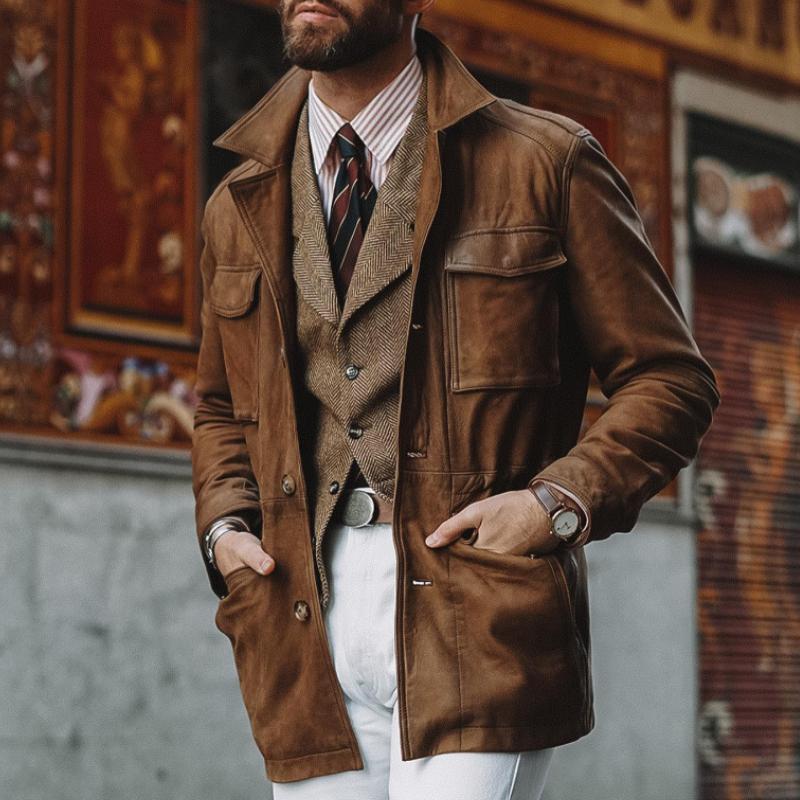 Men's Classic Vintage Lapel Multi-Pocket Suede Jacket 9878729064632