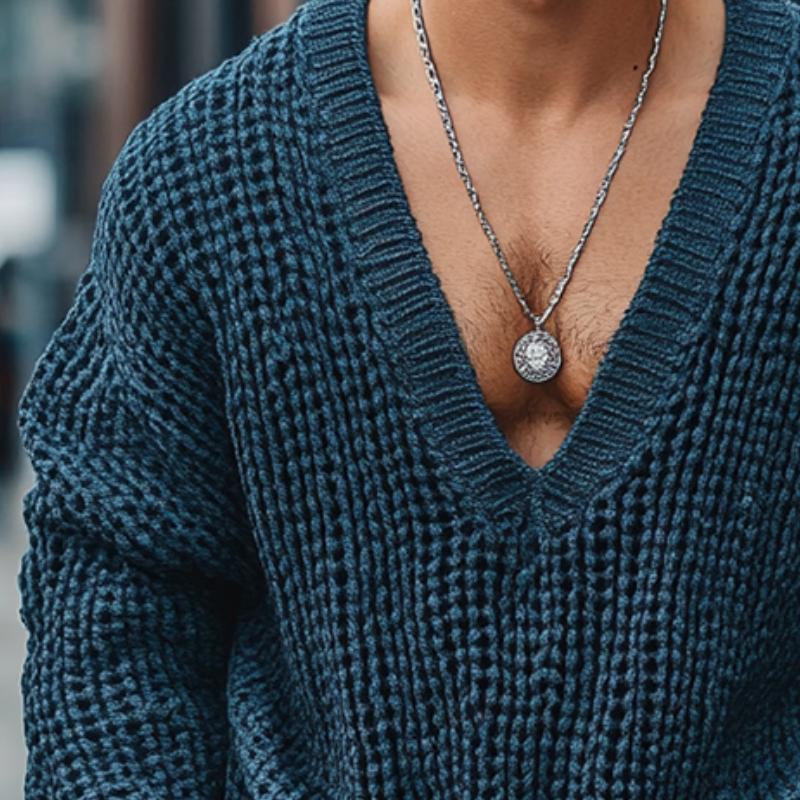 Men's Retro Casual Mixed Color Sexy V-Neck Sweater 9877216755896