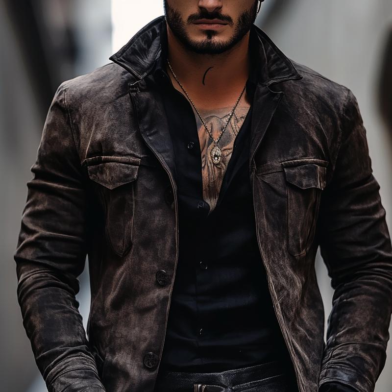 Men's Vintage Distressed Suede Lapel Chest Pocket Single Breasted Jacket 9873134092472