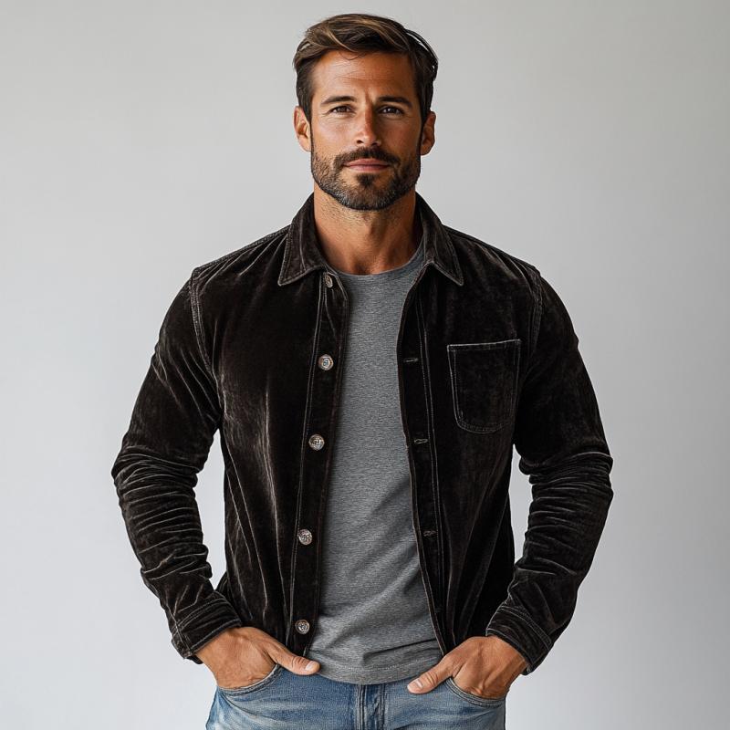 Men's Vintage Velvet Chest Pocket Single Breasted Long Sleeve Shirt 9877642739896