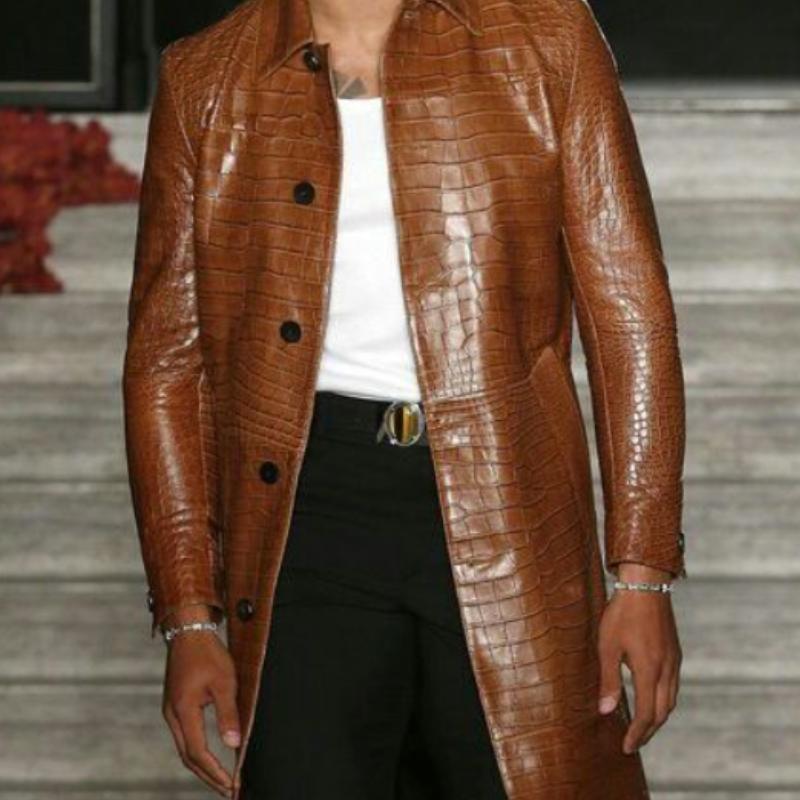 Men's Vintage Mid-length Lapel Croc-effect Leather Coat 9885321920696