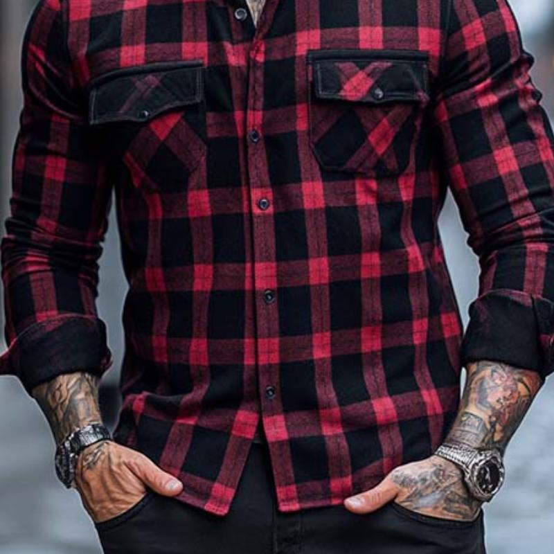 Men's Classic Casual Plaid Multi-Pocket Slim Fit Long Sleeve T-Shirt 9873140351160