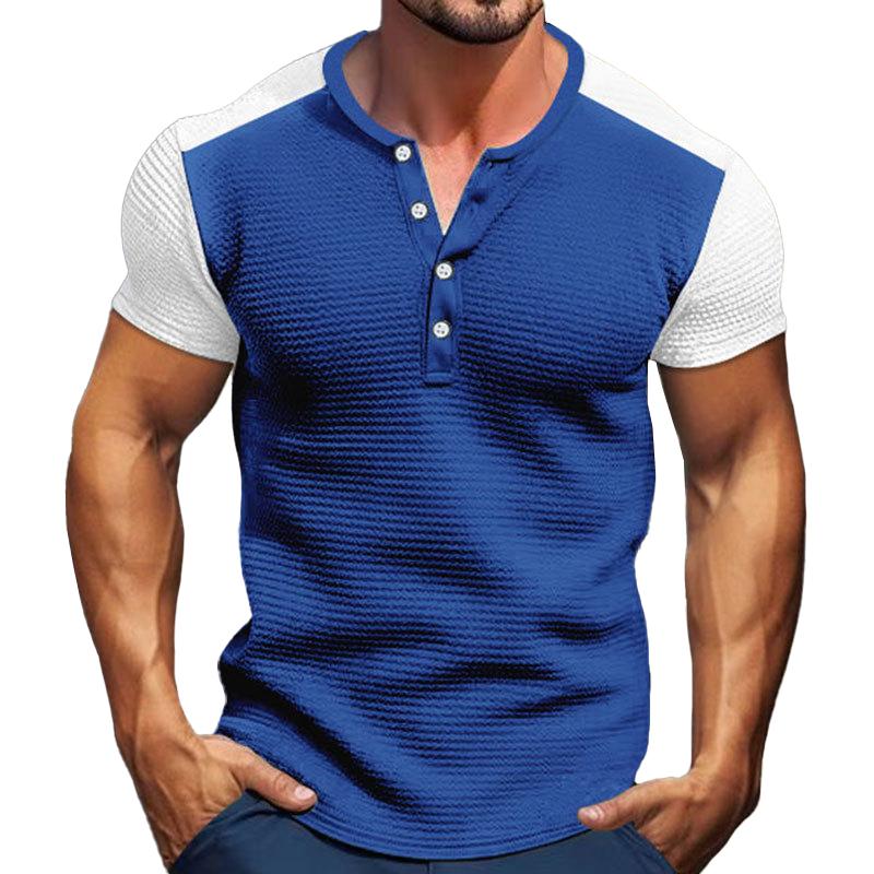 Men's Colorblock Henley Collar Short Sleeve Waffle Casual T-shirt 9261138641080