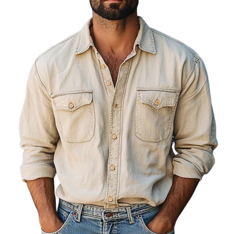 Men's Vintage Apricot Washed Denim Long Sleeve Shirt 9885839491256
