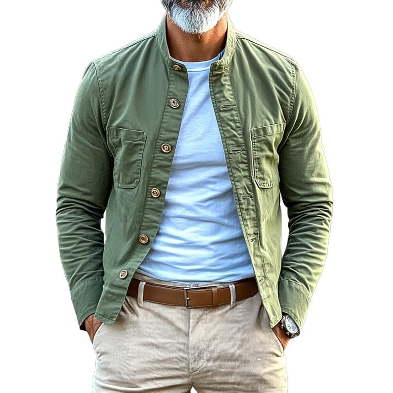 Men's Retro Solid Color Stand Collar Chest Pocket Single Breasted Cargo Jacket 9267506872504
