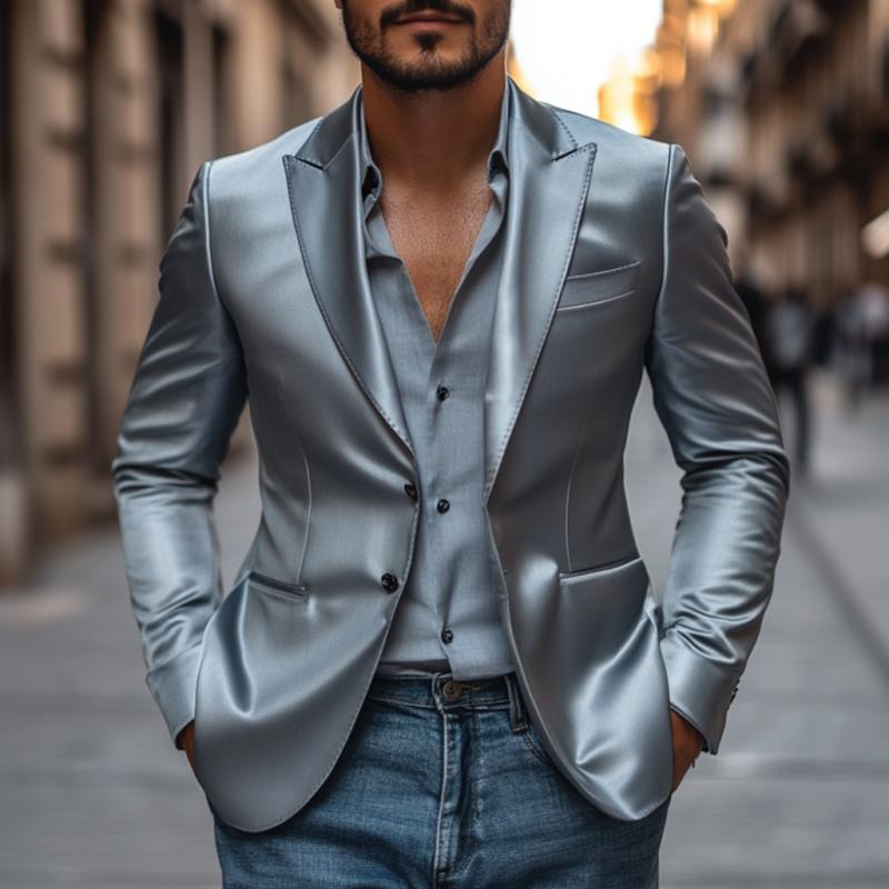 Men's Elegant Satin Peak Lapel Single-breasted Slim-fit Blazer 9877214593208