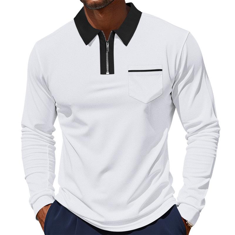 Men's Colorblock Lapel Chest Pocket Long Sleeve Casual Polo Shirt 9274152026296