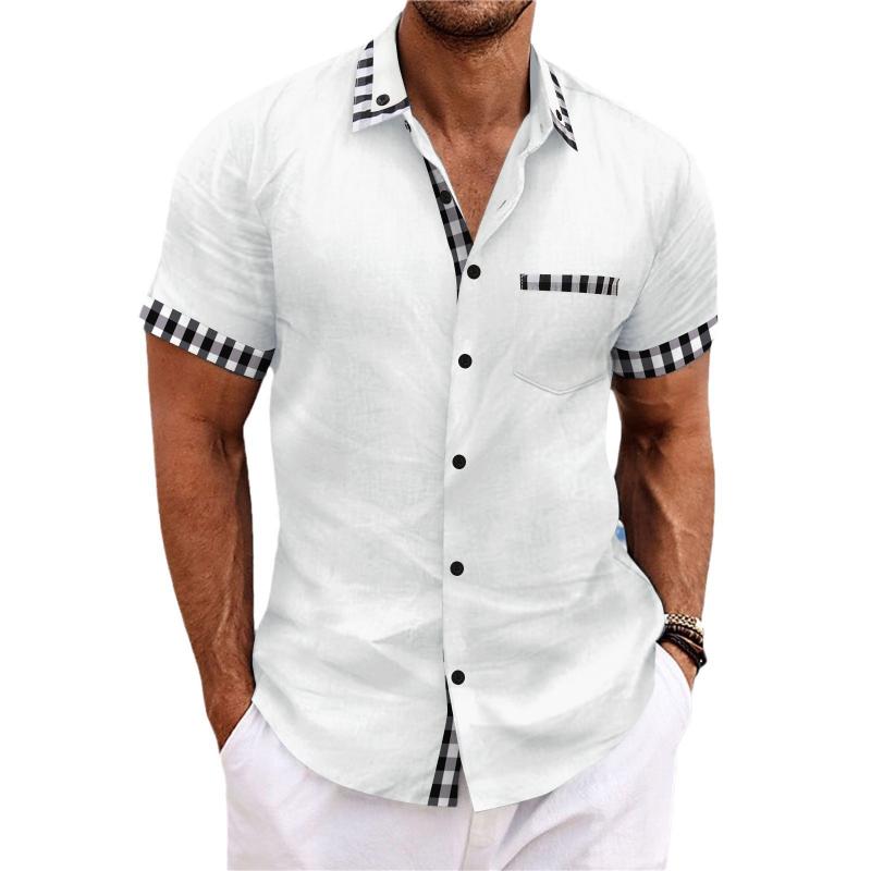 Men's Cotton And Linen Plaid Patchwork Chest Pocket Short-Sleeved Shirt 9261821493432