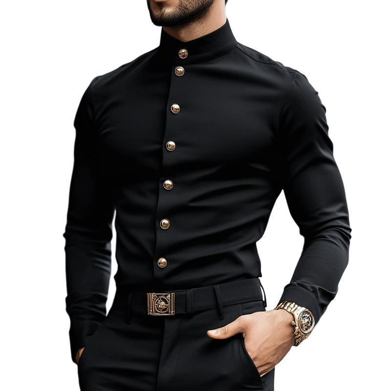 Men's Retro Casual Solid Color Stand Collar Long Sleeve Shirt 9885838704824