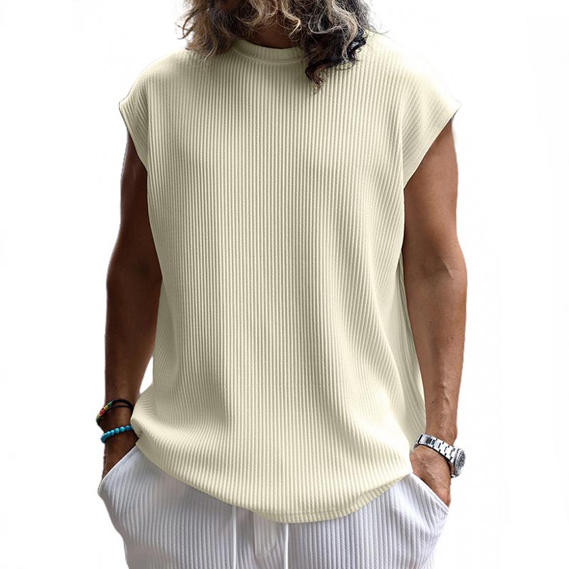 Men's Solid Color Vertical Stripes Round Neck Sleeveless T-shirt 9261144637624