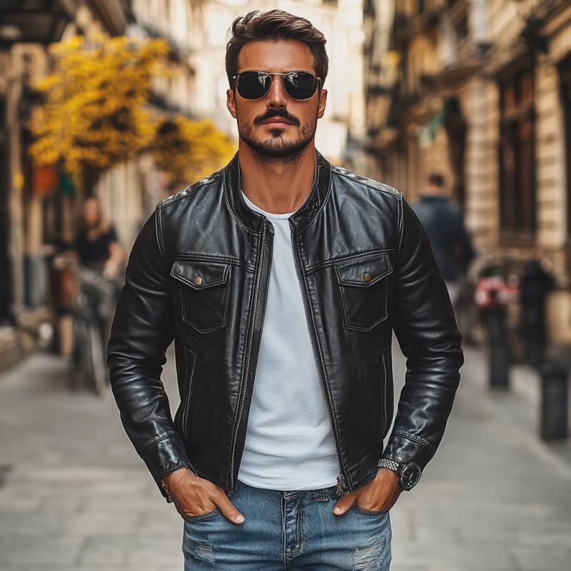 Men's Vintage Leather Stand Collar Zip-Up Jacket 9272243486904