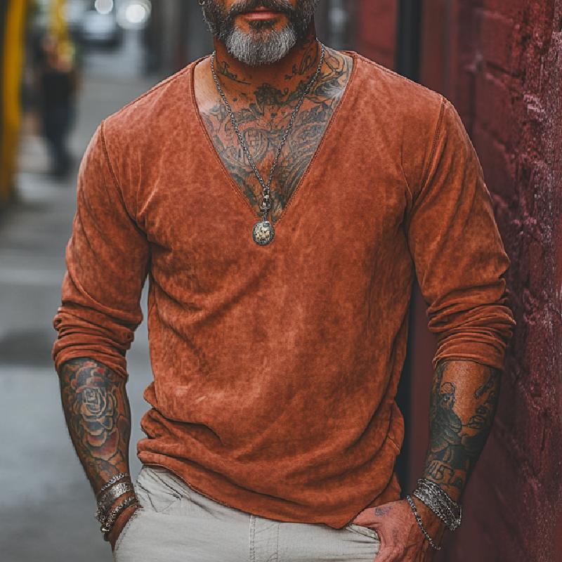 Men's Classic V-Neck Air Layer Suede Long Sleeve T-Shirt 9272631001272