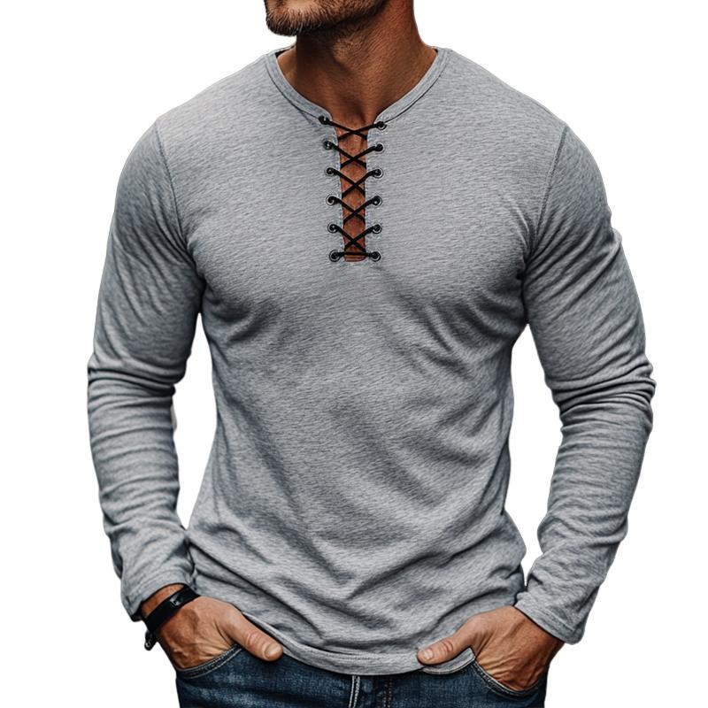 Men's Retro Casual Solid Color Lace-up Long Sleeve T-shirt 9877216395448