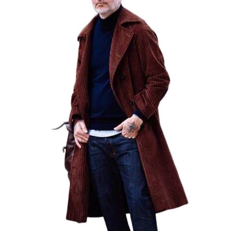 Men's Classic Retro Casual Double-breasted Knee-length Corduroy Coat 9261109084344