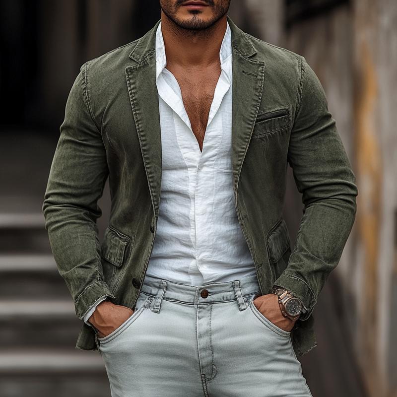 Men's Vintage Cotton Washed Notch Lapel Zipper Chest Pocket Two Buttons Casual Blazer 9877217345720