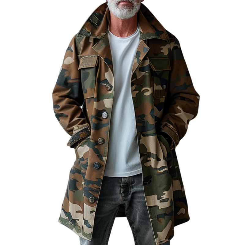 Men's Camouflage Lapel Breast Pocket Single Breasted Mid-length Cargo Trench Coat 9261100368056