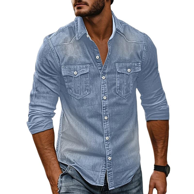 Men's Vintage Washed Distressed Denim Lapel Shirt 9261796753592
