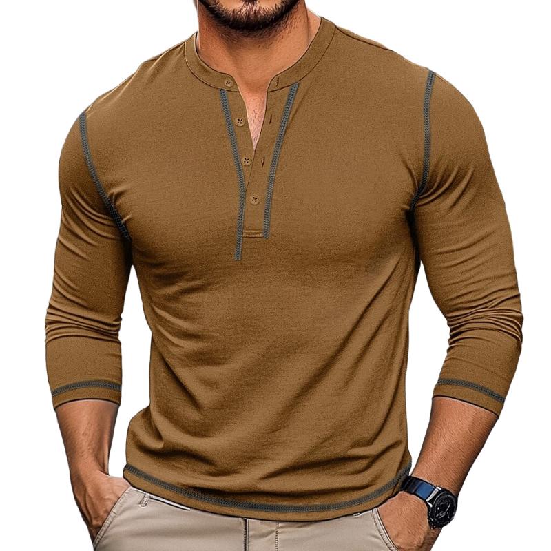 Men's Retro Contrast Color Button Crew Neck Slim FitLong Sleeve T-Shirt 9261143064760