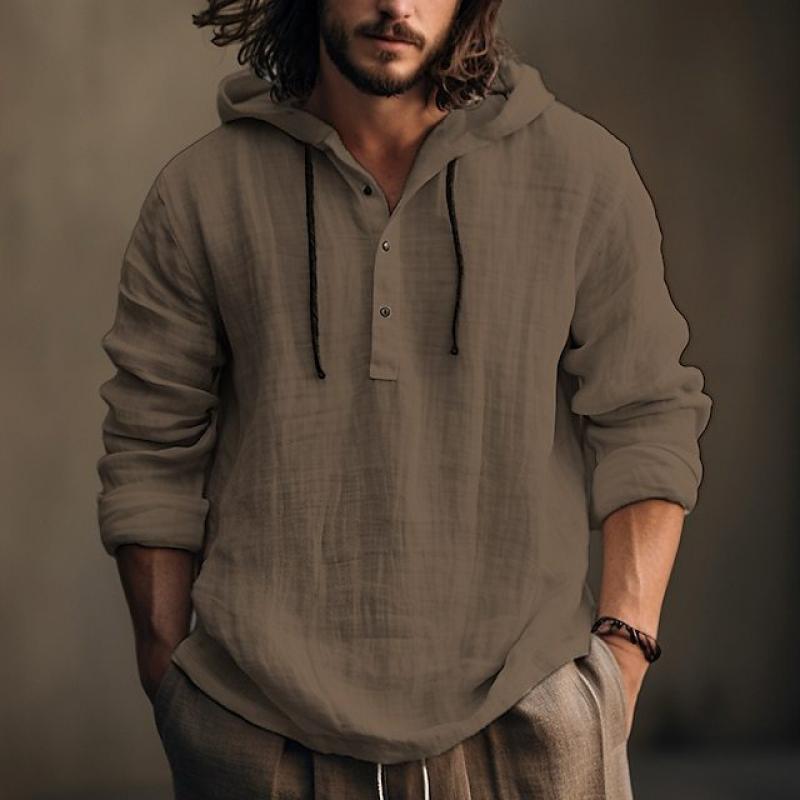 Men's Casual Solid Color Cotton Linen Hooded Long Sleeve Pullover Shirt 9261783023800