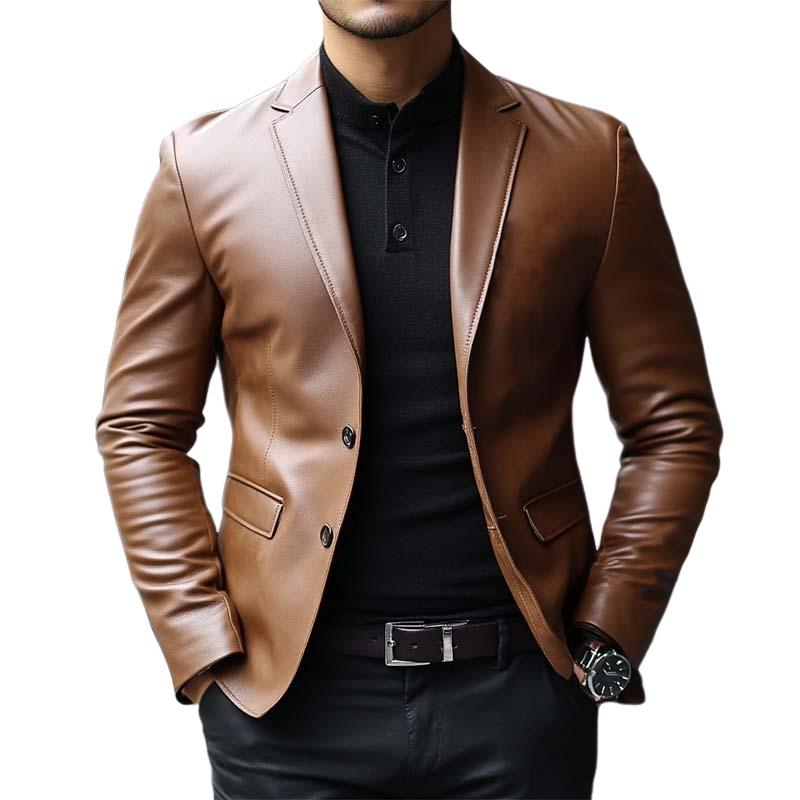 Men's Classic Casual Two Button Slim Fit Leather Blazer 9274168705208