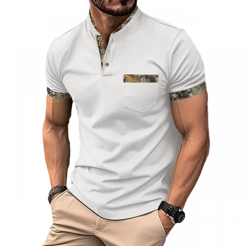 Men's Casual Colorblock Stand Collar Button Slim Fit Short Sleeve T-shirt 9261136806072