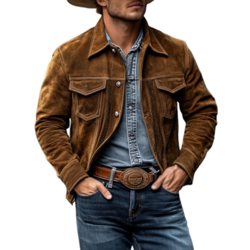 Men's Vintage Classic Western Denim Multi-Pocket Lapel Slim Suede Jacket 9261091193016