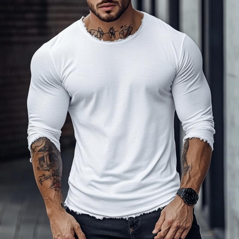 Men's Fashion Raw Edge Round Neck Slim Fit Long Sleeve T-Shirt 9884643590328
