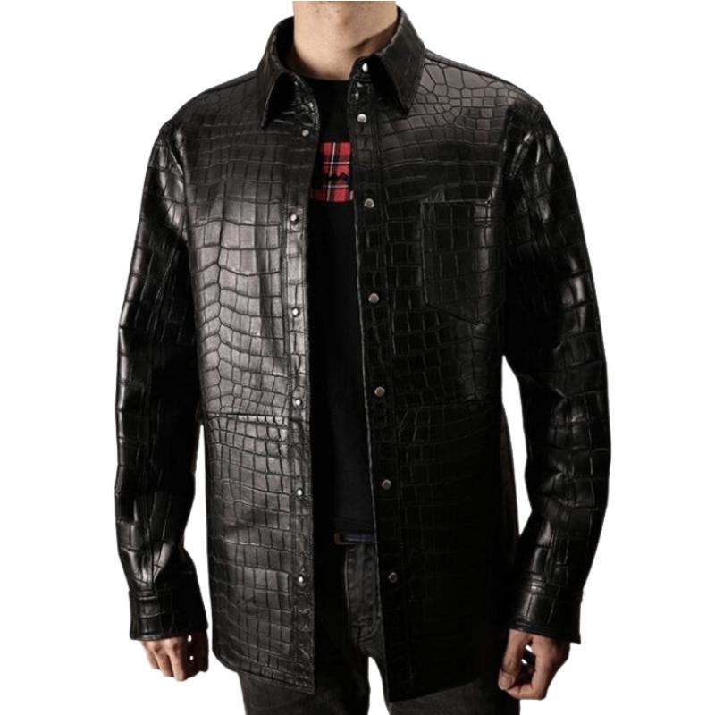 Men's Classic Lapel Croc Pattern Leather Long Sleeve Shirt 9886816108728