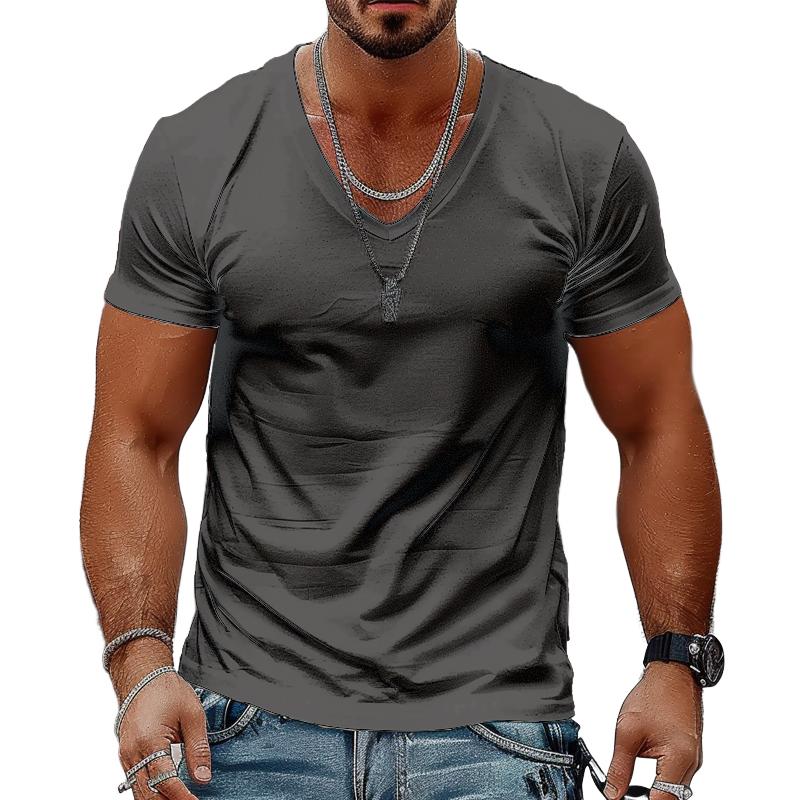 Men's Solid Color Casual V-neck Cotton Short-sleeved T-shirt 9261130580152
