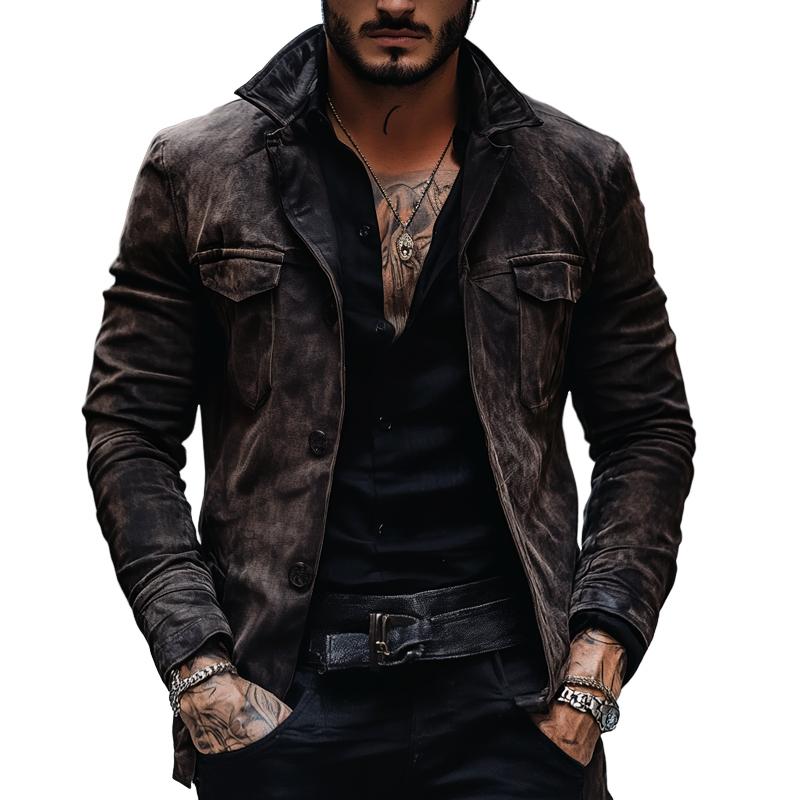 Men's Vintage Distressed Suede Lapel Chest Pocket Single Breasted Jacket 9873134092472