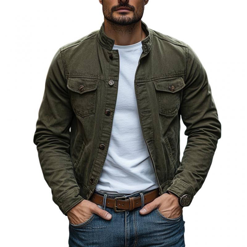 Men's Vintage Washed Denim Stand Collar Single Breasted Slim Fit Jacket 9887361007800