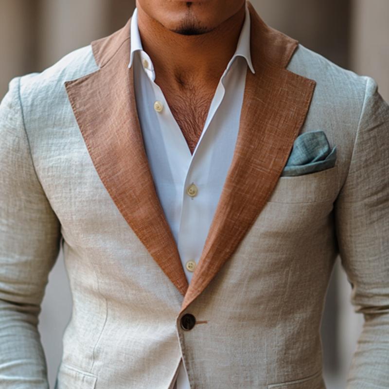 Men's Fashion Colorblock Linen Notch Lapel Two Buttons Blazer 9886818435256