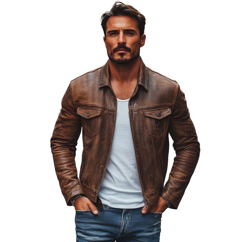 Men's Vintage Leather Lapel Single Breasted Slim Fit Jacket 9272243454136
