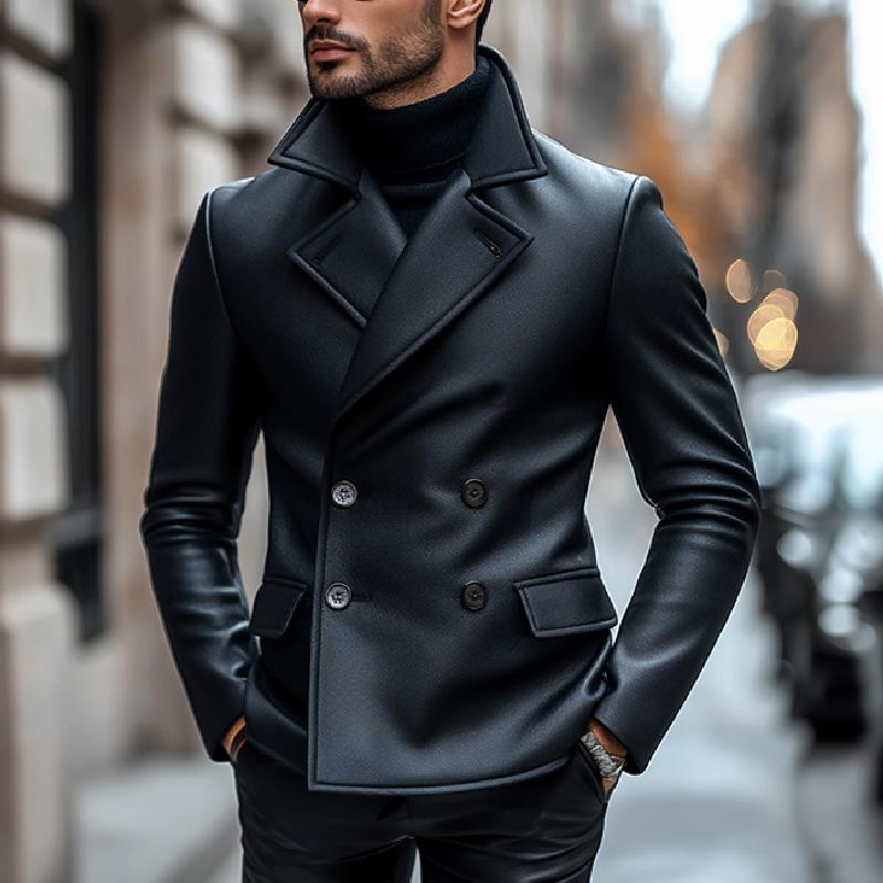 Men's Classic Notch Lapel Double Breasted Slim Fit Leather Blazer 9266614829240