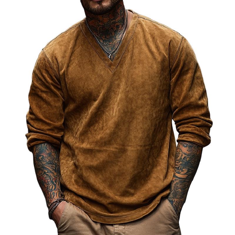 Men's Retro V-neck Long Sleeve Air Layer Suede T-shirt 9873519706296