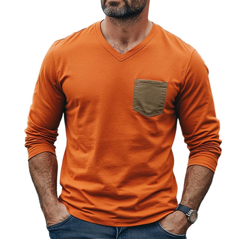 Men's Classic Casual V-Neck Cotton Long Sleeve T-Shirt 9882786693304