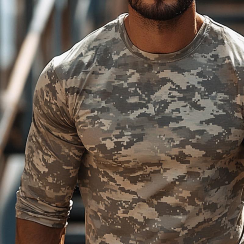 Men's Retro Casual Camouflage Printed Round Neck Long Sleeve T-Shirt 9877927166136