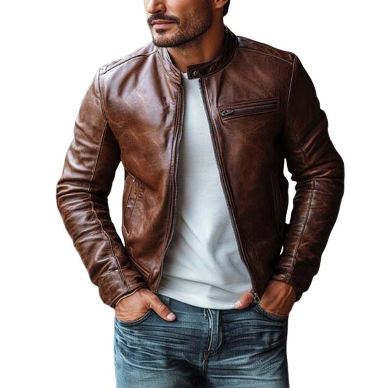 Men's Classic Vintage Slim Stand Collar Leather Jacket 9873139761336