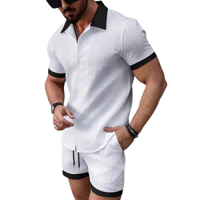 Men's Colorblock Texture Lapel Short Sleeve Shirt Shorts Casual Set 9879141810360