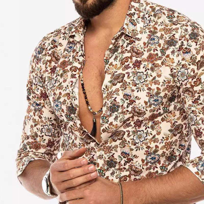 Men's Retro Casual Floral Lapel Long Sleeve Shirt 9261803831480