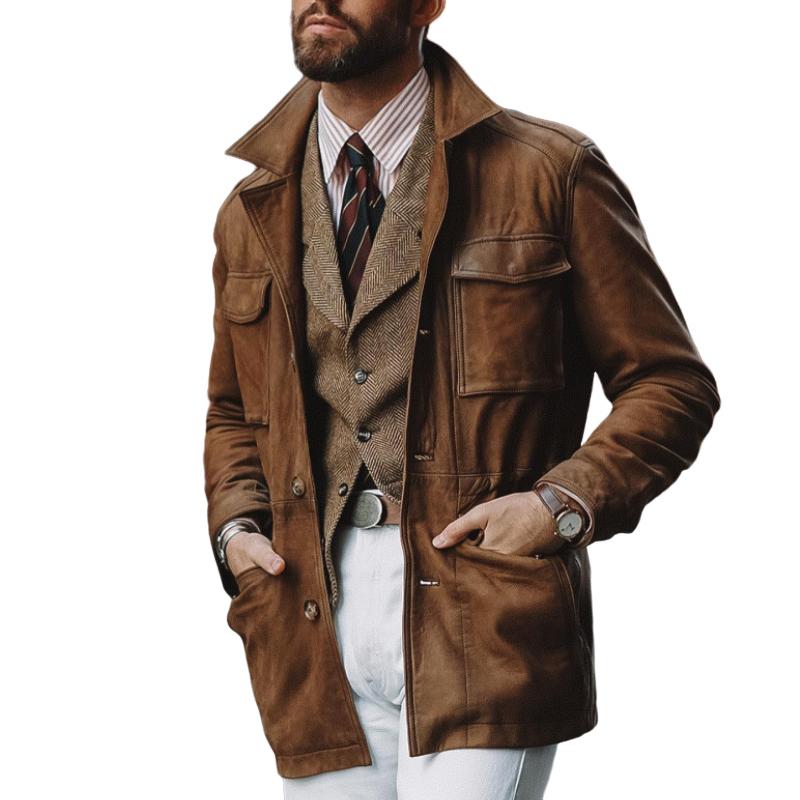 Men's Classic Vintage Lapel Multi-Pocket Suede Jacket 9878729064632