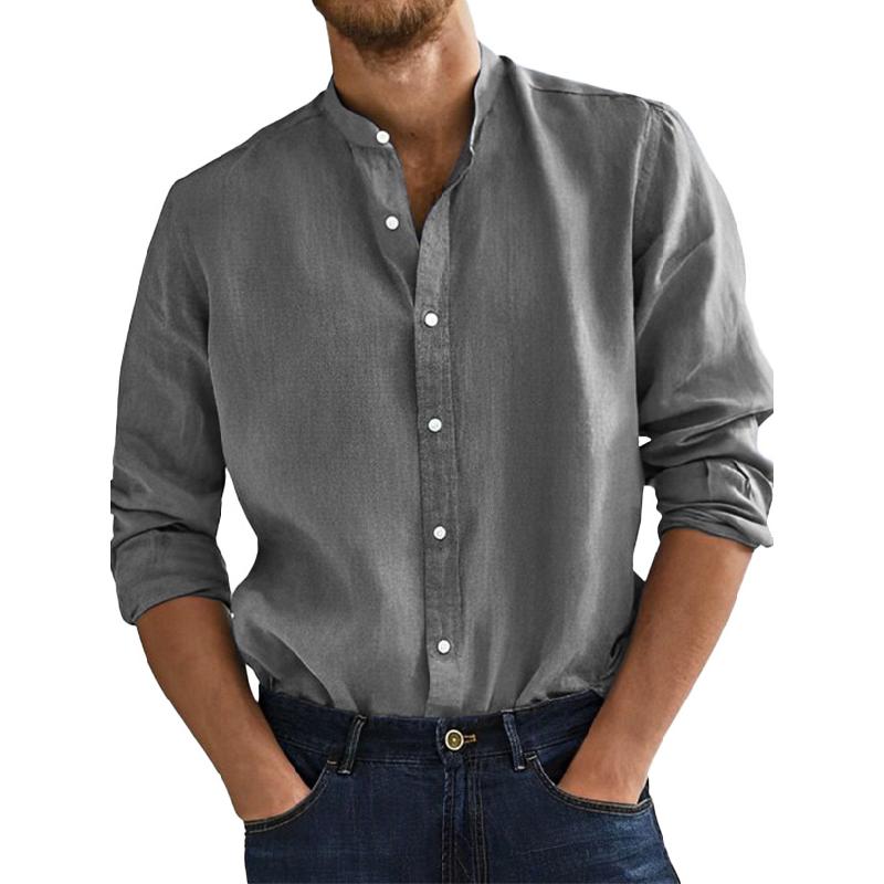 Men's Casual Solid Color Cotton and Linen Stand Collar Long Sleeve Shirt 9879659610296