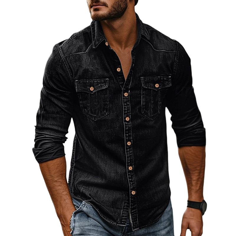 Men's Vintage Washed Distressed Denim Lapel Shirt 9261796753592