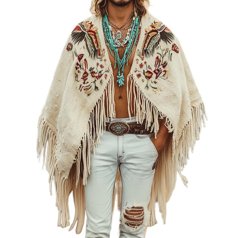 Men's Vintage Casual Linen Eagle Feather Embroidered Cape 9887382536376